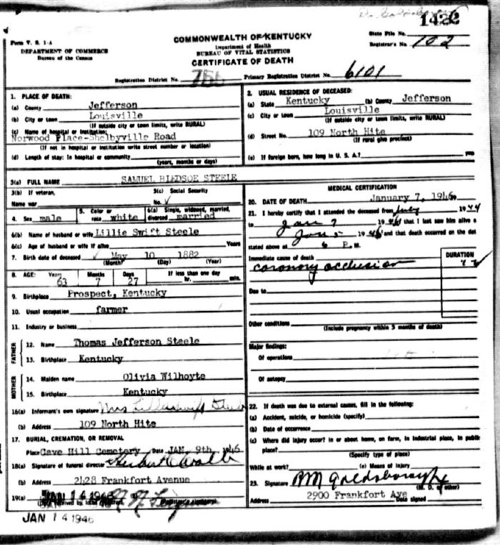 Samuel Bledsoe Steele Death Certificate