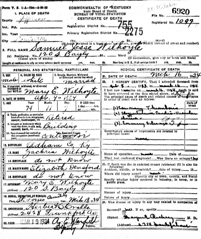 Samuel Jesse Wilhoyte Death Certificate