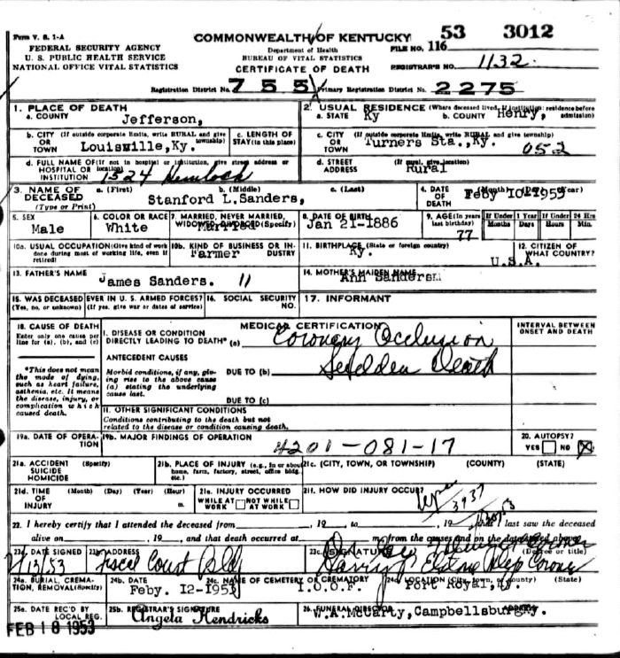 Sanford Sanders Death Certificate