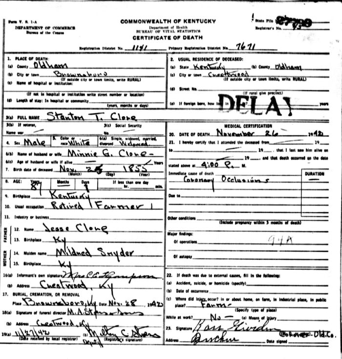 Stanton T. Clore Death Certificate