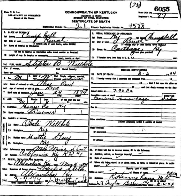 Stepter B. Willhite Death Certificate