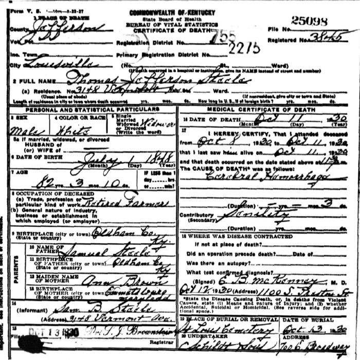 Thomas Jefferson Steele Death Certificate