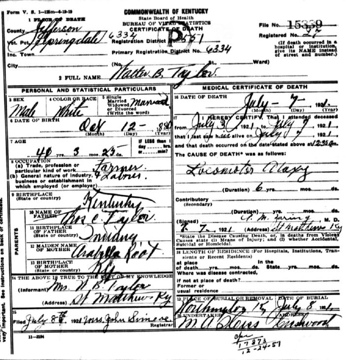 Walter b. Tyler Death Certificate