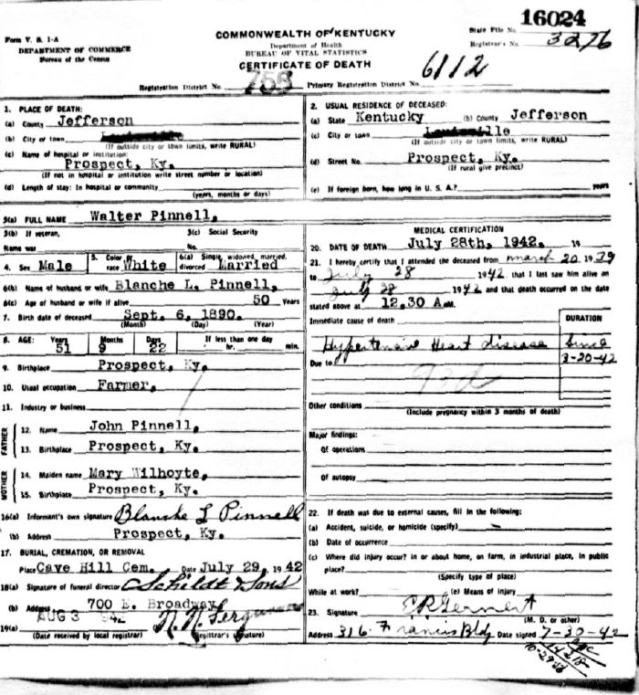 Walter Pinnell Death Certificate