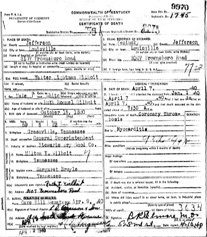 Walter Wightman Wilhoit Death Certificate