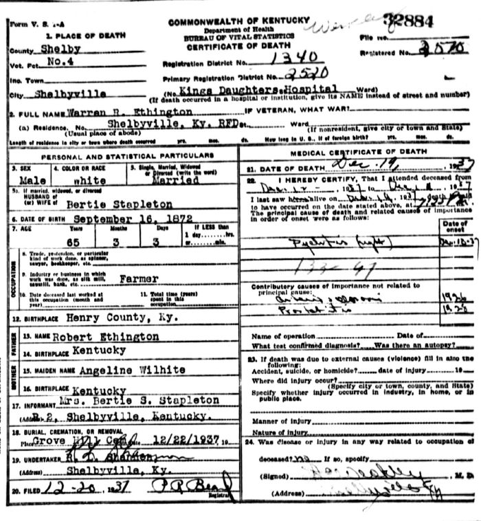 Warren R. Ethington Death Certificate