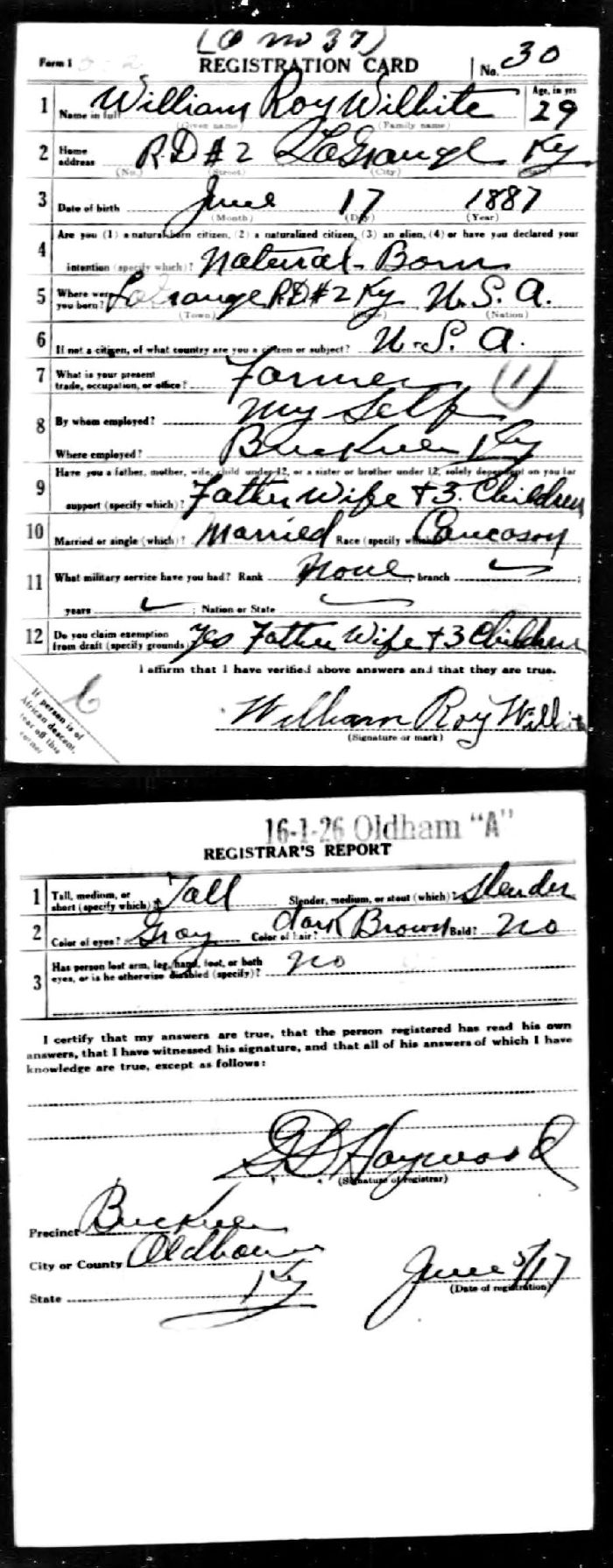 William Roy Wilhite World War I Registration
