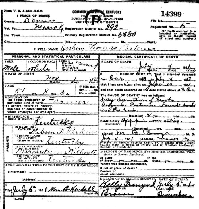 Zachery Thomas Perkins Death Certificate