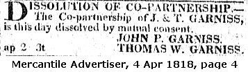 John P. & Thomas W. Garniss - Dissolution of Partnership