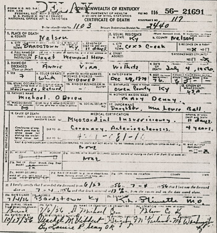 Annie Vira Wilhite Death Certificate