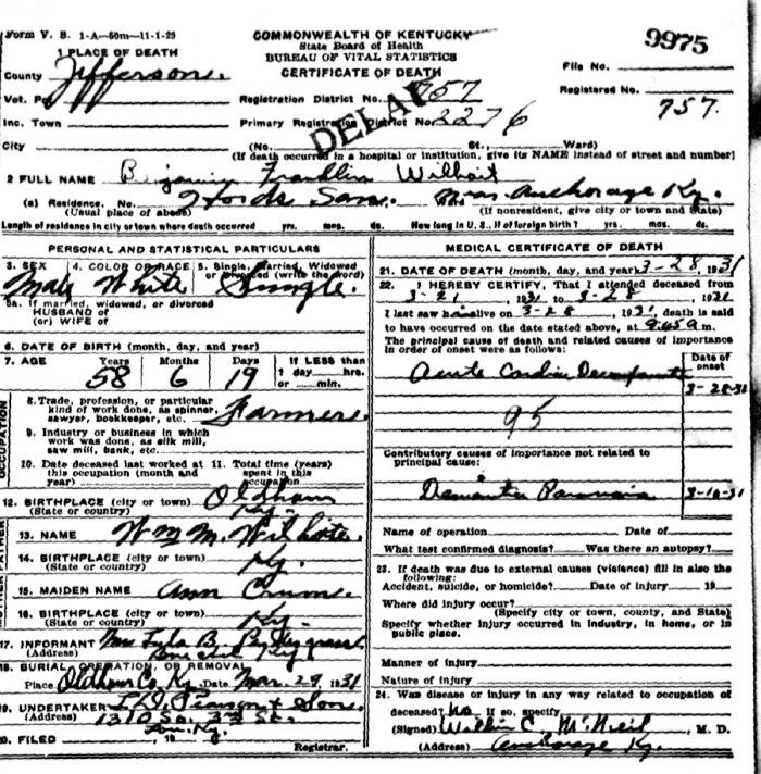 Benjamin Franklin Wilhoit Death Certificate