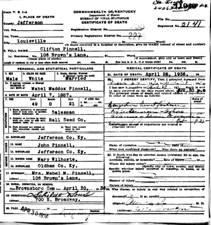 Clifton Pinnell Death Certificate