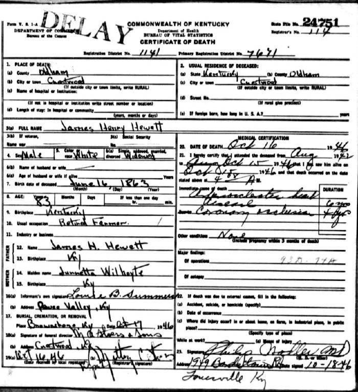 James Henry Hewett Death Certificate