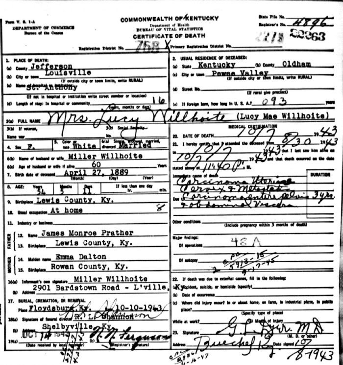 Lucy Mae Willhoite Death Certificate