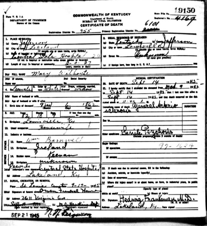 Mary Wilhoyte Death Certificate