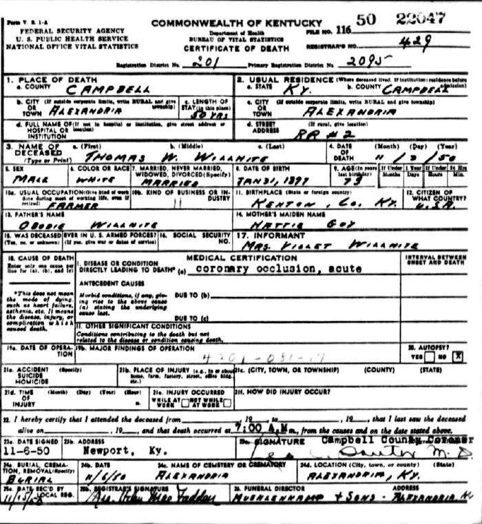 Thomas W. Willhite Death Certificate